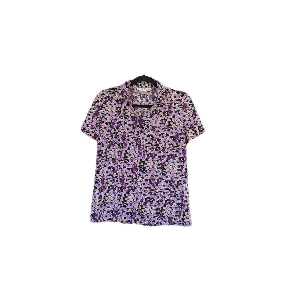 Vintage 70's Como Fred David Purple White Black Dot Womans Button Blouse Size: S
